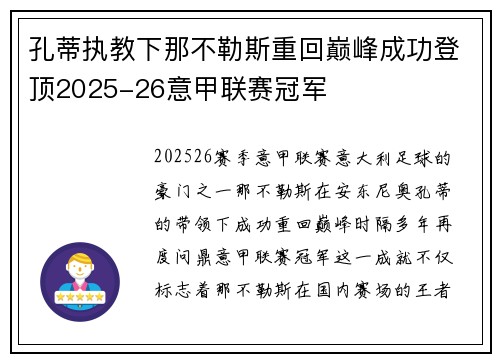 孔蒂执教下那不勒斯重回巅峰成功登顶2025-26意甲联赛冠军