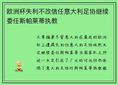 欧洲杯失利不改信任意大利足协继续委任斯帕莱蒂执教 欧洲杯失利不改信任意大利足协继续委任斯帕莱蒂执教