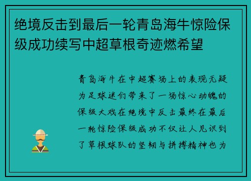 绝境反击到最后一轮青岛海牛惊险保级成功续写中超草根奇迹燃希望 绝境反击到最后一轮青岛海牛惊险保级成功续写中超草根奇迹燃希望